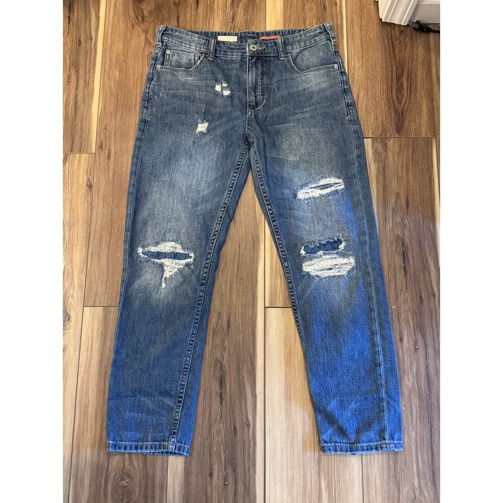 Pilcro Anthropologie Distressed Jeans Womens 26 Straight Leg Medium Wash Raw Hem